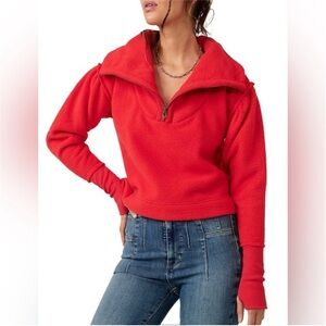 FREE PEOPLE Poppy Red 1/4 Zip Teddy Sherpa Pullover Womens M Cozy Boho Ski Comfy